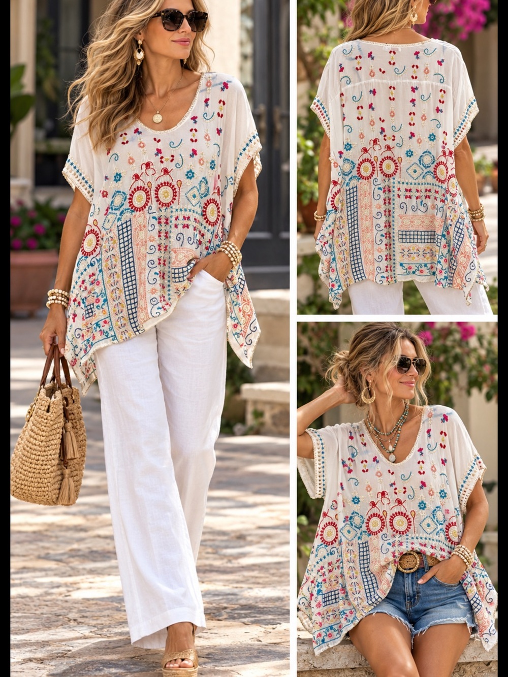JOHNNY WAS Madhuri Embroidered Floral White Tunic Blouse LARGE Short sleeve BOHO